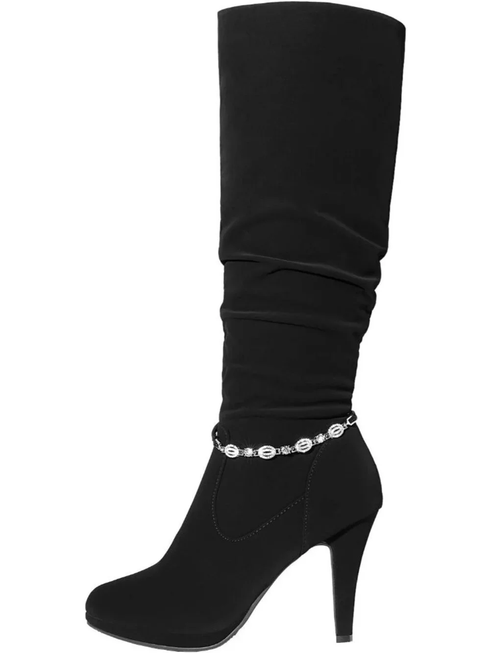 Women's Black Nubuck Stiletto Heel Rhinestone Chain Side Zipper Knee High Boots